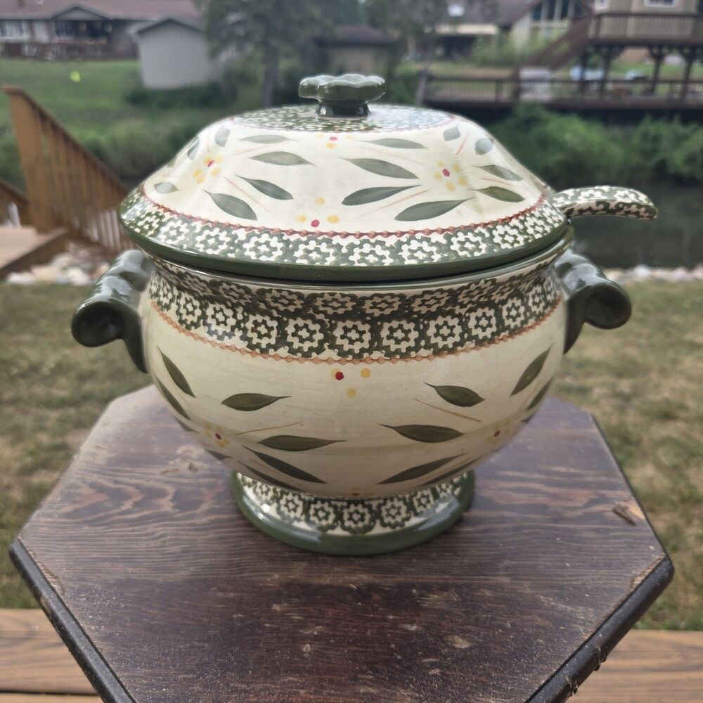 Temp-Tations Old World Green 3 Qt Soup Tureen Lid Ladle Ceramic Hand Painted